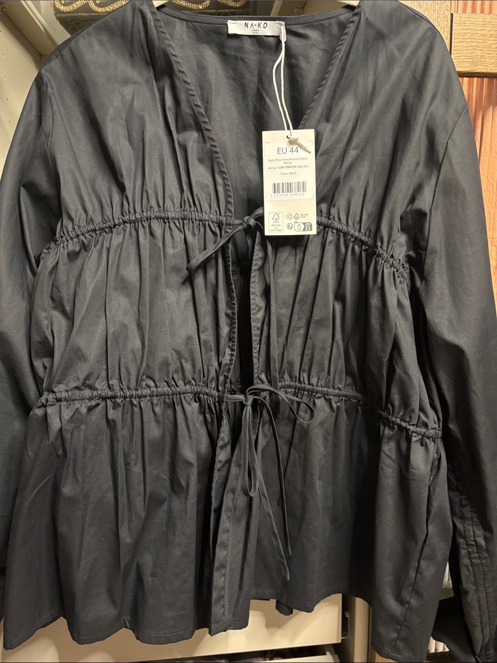 Black Drawstring Tiered Blouse Cotton
